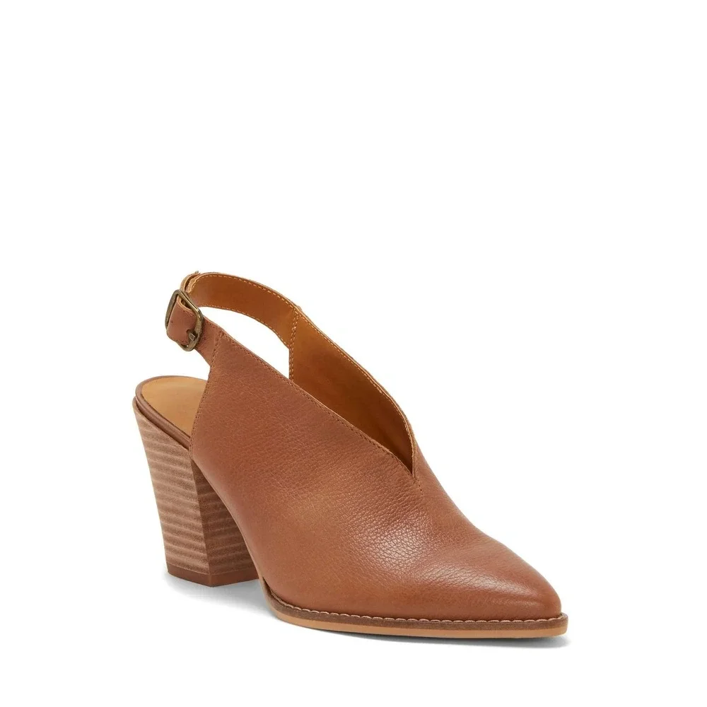 Lucky Brand Aroyli Slingback Brown‎ Leather Shootie Boots Wood Stacked Heels 8.5